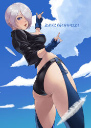 Rule 34 | 1girl, angel (kof), ass, backless pants, blue eyes, bra, breasts, chaps, cleavage, crop top, cropped jacket, fingerless gloves, gloves, good ass day, hair over one eye, highres, jacket, kkzk61539201, large breasts, leather, leather jacket, looking at viewer, midriff, navel, panties, pants, short hair, snk, solo, strapless, strapless bra, the king of fighters, the king of fighters xiv, toned, underwear, wedgie, white hair