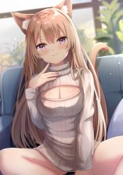 Rule 34 | 1girl, animal ears, blurry, blurry background, blush, breasts, brown hair, cat ears, cat tail, cleavage, cleavage cutout, clothing cutout, dutch angle, highres, looking at viewer, medium breasts, original, purple eyes, ribbed sweater, sitting, smile, solo, sweater, tail, touhourh