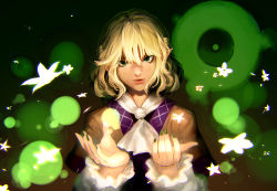 Rule 34 | 1girl, arm warmers, blonde hair, bug, butterfly, flower, green eyes, bug, kinketsu, lipstick, looking at viewer, makeup, mizuhashi parsee, nail polish, pointy ears, scarf, short hair, solo, touhou, upper body