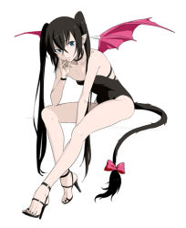 Rule 34 | 1girl, 9aki, black eyes, black hair, bow, crossed bangs, demon girl, demon wings, feet, full body, high heels, leaning forward, leotard, long hair, lowres, nail polish, nein, pointy ears, sandals, shoes, sitting, solo, tail, tail bow, tail ornament, toeless footwear, toes, twintails, wings