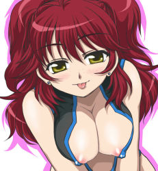 Rule 34 | 00s, 1girl, areola slip, breast clinging, breasts squeezed together, breasts, cleavage, covered erect nipples, framed breasts, freckles, gundam, gundam 00, large breasts, nanamo, nanamo (002a), nena trinity, nipple slip, nipples, red hair, solo, tongue, two side up, yellow eyes