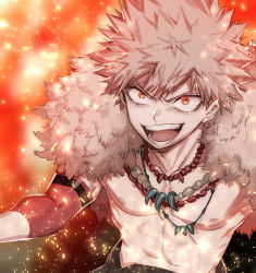 Rule 34 | 10s, 1boy, abs, alternate costume, bakugou katsuki, bead necklace, beads, boku no hero academia, brown hair, embers, fire, fur trim, glowing, jewelry, magatama, male focus, necklace, open mouth, red eyes, short hair, smile, solo, sparks, spiked hair, toned, toned male, topless male, upper body, zuizi