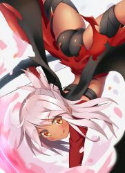 Rule 34 | 1girl, :q, absurdres, ahoge, ass, black panties, blush, bow (weapon), cape, chloe von einzbern, dark-skinned female, dark skin, eyebrows, fate/kaleid liner prisma illya, fate (series), female focus, hair ornament, hair stick, handstand, higejii, highres, holding, holding weapon, legs apart, long hair, looking at viewer, one arm handstand, outstretched arm, panties, petals, pink hair, ponytail, red skirt, simple background, skirt, solo, spread legs, thigh strap, tongue, tongue out, underwear, upside-down, upskirt, weapon, white background, yellow eyes