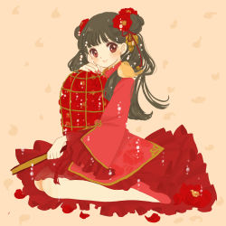 Rule 34 | 1girl, absurdres, animal, animal on shoulder, bird, bird on shoulder, birdcage, black hair, cage, cardcaptor sakura, china dress, chinese clothes, double bun, dress, earrings, flower, full body, hair flower, hair ornament, highres, jewelry, kneeling, li meiling, looking at viewer, nail polish, red eyes, red footwear, solo, twintails, yukiko (cococop)