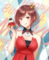 Rule 34 | 1girl, :q, bare arms, bare shoulders, breasts, brooch, brown hair, character name, cleavage, closed mouth, cream, crown, crystal, dated, dessert, detached collar, dress, earrings, english text, food, formal, fruit, gem, happy birthday, heart, heart in eye, highres, holding, holding food, jewelry, kirita asami, medium breasts, meiko (vocaloid), mini crown, nail polish, red dress, red eyes, red nails, short hair, smile, solo, strapless, strapless dress, strawberry, sweets, swept bangs, symbol in eye, tongue, tongue out, upper body, vocaloid