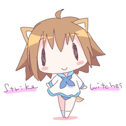 Rule 34 | 00s, 1girl, :&gt;, ahoge, animal ears, arms at sides, black eyes, blue neckerchief, blue one-piece swimsuit, blush, blush stickers, brown hair, chibi, closed mouth, copyright name, dog ears, dog tail, full body, head tilt, kneehighs, long sleeves, looking at viewer, mirai (sugar), miyafuji yoshika, neckerchief, one-piece swimsuit, school swimsuit, school uniform, serafuku, short hair, simple background, socks, solo, standing, strike witches, swimsuit, swimsuit under clothes, tail, uniform, white background, white socks, world witches series