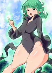 Rule 34 | 1girl, absurdres, artist request, aura, bare legs, blue sky, breasts, cameltoe, green eyes, green hair, highres, one-punch man, open mouth, psychic, shiny skin, sky, solo, source request, tatsumaki, wide hips