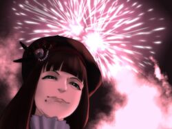 1girl birthday black_hair commentary fireworks green_eyes happy_new_year_everyone! hat kurosawa_dia long_hair looking_at_viewer love_live! love_live!_sunshine!! manny_pacquiao meme mole mole_under_mouth new_year night night_sky operator_ikki parody pov sky smile smoke solo