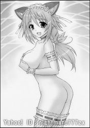 Rule 34 | 10s, 1girl, :d, animal ears, armband, artist name, ass, black border, blush, border, breast hold, breasts, charlotte dunois, covering privates, covering breasts, female focus, graphite (medium), greyscale, hair between eyes, headdress, infinite stratos, large breasts, looking at viewer, monochrome, nightmare77zx, nude, open mouth, ponytail, smile, solo, thighhighs, traditional media, wrist cuffs