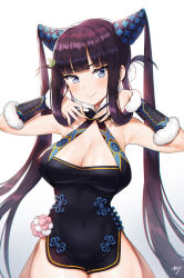 Rule 34 | 1girl, bare shoulders, black dress, blue eyes, blunt bangs, blush, breasts, china dress, chinese clothes, cleavage, closed mouth, covered navel, detached sleeves, dress, fate/grand order, fate (series), gradient background, hair ornament, highres, large breasts, leaf hair ornament, long hair, looking at viewer, noixen, purple hair, short dress, sidelocks, smile, solo, twintails, very long hair, yang guifei (fate), yang guifei (second ascension) (fate)
