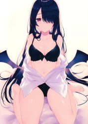 Rule 34 | 1girl, absurdres, achiki, backlighting, bare legs, bare shoulders, barefoot, bat wings, black bra, black hair, black panties, bow, bow bra, bra, breasts, cleavage, collarbone, hair over one eye, highres, lace trim, long hair, long sleeves, looking at viewer, medium breasts, navel, off shoulder, open clothes, open shirt, original, panties, parted lips, purple eyes, scan, shirt, sitting, solo, stomach, thighs, underwear, very long hair, wariza, white shirt, wings, yellow background