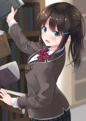 Rule 34 | absurdres, blazer, blouse, blurry, blurry background, book, bow, bowtie, brown hair, collared shirt, from side, hair ornament, hairclip, highres, jacket, mole, mole under eye, original, ponytail, red bow, red bowtie, school uniform, shirt, solo, surprised, sweatdrop, unasaka ryou, wavy mouth, white shirt