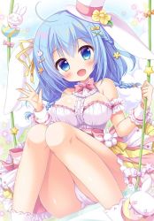 Rule 34 | 1girl, animal ears, arm cuffs, bare shoulders, blue eyes, blue hair, blush, bow, bowtie, breasts, rabbit, rabbit hair ornament, cameltoe, center frills, collar, commentary request, dress, ears down, eggshell, fang, frilled collar, frilled cuffs, frilled skirt, frills, hair between eyes, hair bow, hair ornament, hair ribbon, hairclip, hat, large breasts, long hair, looking at viewer, low-tied long hair, medium hair, multicolored clothes, open mouth, original, panties, pantyshot, picpicgram, pink bow, rabbit ears, ribbon, sitting, skirt, sleeveless, sleeveless dress, smile, solo, swing, tilted headwear, top hat, underwear, waist bow, waving, white dress, white panties, wrist cuffs, x hair ornament