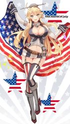 Rule 34 | 1girl, american flag, american flag print, asymmetrical legwear, blonde hair, blue eyes, blush, breasts, cleavage, collarbone, elbow gloves, female focus, flag, flag print, fourth of july, full body, garter straps, gloves, high heels, holding, holding flag, iowa (kancolle), kantai collection, kasumi (skchkko), large breasts, long hair, looking at viewer, messy hair, mismatched legwear, navel, open mouth, rudder footwear, solo, star-shaped pupils, star (symbol), striped clothes, striped thighhighs, symbol-shaped pupils, thighhighs, two-tone skirt, united states