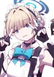 Rule 34 | absurdres, apron, bare shoulders, black gloves, blonde hair, blue archive, fingerless gloves, gloves, halo, highres, looking at viewer, maid, maid apron, maid headdress, mangotonic, rio (blue archive), simple background, toki (blue archive), white background