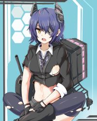 Rule 34 | 10s, 1girl, breasts, damaged, eyepatch, fingerless gloves, gloves, headgear, highres, kantai collection, koenza botoke, machinery, navel, necktie, open mouth, partially fingerless gloves, personification, purple hair, short hair, sitting, solo, tenryuu (kancolle), thighhighs, torn clothes, turret, yellow eyes