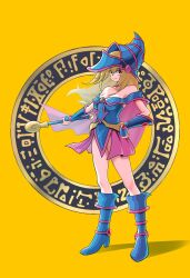 Rule 34 | 1girl, bare shoulders, blonde hair, blue dress, blue footwear, blue hat, blush stickers, boots, breasts, capelet, cleavage, dark magician girl, dress, duel monster, full body, green eyes, hand on own hip, hat, highres, large breasts, long hair, looking at viewer, magic circle, off shoulder, pink capelet, pink skirt, sengenjin31, simple background, skirt, solo, witch hat, yellow background, yu-gi-oh!