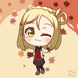 Rule 34 | 10s, 1girl, artist name, autumn, autumn leaves, badge, basukechi, black skirt, blonde hair, blush, bow, bowtie, braid, button badge, camera, crown braid, female focus, full body, hair ornament, hair rings, hairpin, highres, holding, holding camera, jacket, kyouou ena, leaf hair ornament, long sleeves, looking at viewer, love live!, love live! school idol festival, love live! sunshine!!, medium hair, miniskirt, ohara mari, one eye closed, plaid, plaid skirt, red bow, red bowtie, red sweater, short hair, skirt, smile, solo, standing, striped bow, striped bowtie, striped clothes, sweater, thighhighs, white jacket, yellow eyes