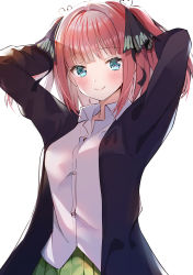 Rule 34 | 1girl, absurdres, arms behind head, black cardigan, black ribbon, blouse, blue eyes, blunt bangs, blush, breasts, butterfly hair ornament, cardigan, go-toubun no hanayome, green skirt, hair ornament, highres, large breasts, looking at viewer, nakano nino, open cardigan, open clothes, pink hair, raised eyebrows, rei (ilust9999), ribbon, school uniform, shirt, simple background, skirt, smile, twintails, white background, white shirt