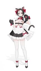 1girl absurdres alternate_costume animal_ears animal_hands apron bell black_hair bound_ankles bow breasts cat_ears cat_girl cat_tail collar commentary_request crow_(nikke) cuffs earrings full_body garter_straps goddess_of_victory:_nikke green_eyes hair_bow highres jewelry jingle_bell large_breasts looking_at_viewer maid_apron multicolored_hair ohisashiburi piercing puffy_sleeves red_hair short_hair simple_background standing streaked_hair tail tattoo thighhighs white_apron white_background