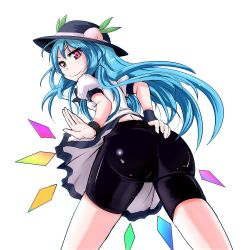 Rule 34 | 1girl, ass, bike shorts, blue hair, clothes lift, dress, dress lift, female focus, from behind, hat, hinanawi tenshi, latex, long hair, looking back, red eyes, solo, touhou, wakie, white background