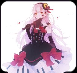 Rule 34 | 1girl, axe, bad id, bad pixiv id, black dress, blood, blood on face, bow, dress, gloves, gothic lolita, hairband, kaneko aaru, lolita fashion, long hair, looking at viewer, mayu (vocaloid), smile, solo, vocaloid, weapon, white hair, yandere, yellow eyes