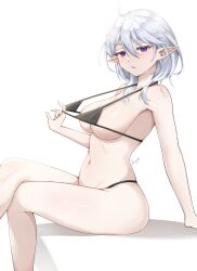 Rule 34 | 1girl, absurdres, artist name, bikini, black bikini, blush, breasts, character request, collarbone, crossed legs, dr (slrkwhdma12), feet out of frame, grey hair, hair between eyes, highres, large breasts, legs, looking at viewer, maplestory, medium hair, navel, parted lips, pointy ears, purple eyes, reina (maplestory), simple background, sitting, solo, swimsuit, white background