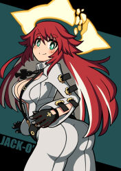 Rule 34 | 1girl, ankh necklace, ass, belt, black gloves, bodysuit, breasts, broken halo, character name, cleavage, colored inner hair, commentary request, front slit, gloves, green eyes, guilty gear, guilty gear strive, hair between eyes, halo, highres, jack-o&#039; valentine, large breasts, long hair, multicolored hair, red hair, solo, spiked halo, too many, too many belts, very long hair, white bodysuit, white hair, yomura (yohann48)
