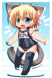 Rule 34 | 1girl, animal ears, armband, bad id, bad pixiv id, blonde hair, cat ears, cat tail, chibi, fang, heterochromia, kuroneko liger, name tag, one-piece swimsuit, original, school swimsuit, short hair, solo, swimsuit, tail, thighhighs