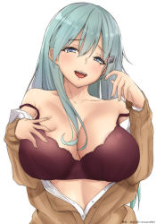 Rule 34 | 1girl, aqua hair, blue eyes, blush, bra, breasts, cardigan, hair between eyes, hair ornament, hairclip, highres, kantai collection, large breasts, long hair, long sleeves, looking at viewer, open cardigan, open clothes, open mouth, open shirt, purple bra, school uniform, shirt, simple background, smile, solo, suzuya (kancolle), teeth, timato, tongue, underwear, white background, white shirt
