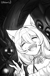 Rule 34 | 1girl, absurdres, animal ears, bidortw, cat ears, cat girl, chinese commentary, choker, commentary request, glowing, glowing eyes, greyscale, hair intakes, hatching (texture), highres, indie virtual youtuber, monochrome, neko matsuri (vtuber), off-shoulder shirt, off shoulder, open mouth, shirt, smile, sweat, virtual youtuber, w