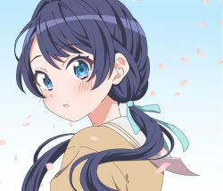 Rule 34 | 1girl, blue background, blue eyes, blue hair, blue ribbon, blush, brown cardigan, cardigan, commentary request, dark blue hair, falling petals, gradient background, hair ribbon, hasu no sora school uniform, highres, jenny (je2live), link! like! love live!, long hair, looking back, love live!, low twintails, mole, mole on neck, murano sayaka, parted bangs, partial commentary, petals, pink petals, ribbon, sailor collar, school uniform, solo, twintails, upper body, virtual youtuber, white sailor collar, winter uniform
