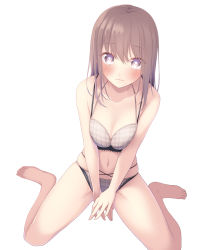 Rule 34 | 1girl, alternate costume, bare legs, barefoot, blush, bra, breasts, breasts squeezed together, brown hair, closed mouth, collarbone, commentary, embarrassed, full body, grey bra, grey panties, hair between eyes, highres, long hair, looking at viewer, medium breasts, midorino eni, navel, own hands together, panties, plaid, plaid bra, plaid panties, purple eyes, simple background, sitting, skindentation, solo, stomach, straight hair, sweatdrop, touhou, underwear, underwear only, usami renko, wariza, white background