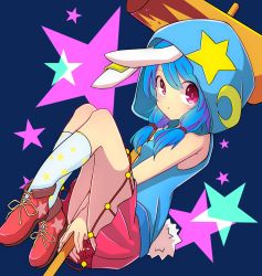 Rule 34 | 1girl, animal ears, ankle boots, bare arms, bare shoulders, between legs, blue hair, boots, crescent, crescent pin, earclip, from side, full body, hair tie, hammer, hand between legs, highres, holding, holding hammer, hood, hood up, hoodie, inon, knees up, long hair, looking at viewer, looking to the side, low twintails, miniskirt, own hands together, pink skirt, print socks, purple eyes, rabbit ears, rabbit tail, red footwear, seiran (touhou), skirt, sleeveless, sleeveless hoodie, socks, solo, star (symbol), star print, starry background, tail, tareme, touhou, twintails, white legwear