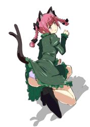 Rule 34 | 1girl, animal ears, back, blush, bow, braid, cat ears, cat tail, cl (h-sys.), clothes lift, dress, dress lift, frilled dress, frills, full body, green dress, hair bow, hair ornament, kaenbyou rin, kneeling, long sleeves, looking back, multiple tails, panties, paw pose, pointy ears, puffy sleeves, red eyes, red hair, shoes, simple background, smile, solo, tail, touhou, twin braids, underwear, white background, white panties