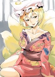 Rule 34 | 1girl, alternate costume, animal hat, blonde hair, breasts, cleavage, clothes lift, collarbone, come hither, floral print, fox tail, hat, hat with ears, japanese clothes, kimono, kimono lift, large breasts, mob cap, multiple girls, obi, mob cap, sash, sinzan, sitting, smile, solo, tail, touhou, yakumo ran, yellow eyes
