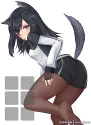 Rule 34 | 1girl, animal ears, arknights, ass, black gloves, black hair, black shorts, blush, breasts, brown eyes, brown pantyhose, commentary request, earrings, feet out of frame, fingerless gloves, food, food in mouth, foot out of frame, from behind, gloves, jacket, jewelry, long hair, long sleeves, looking at viewer, looking back, medium breasts, mouth hold, mujinbensin, mujinbi, no shoes, pantyhose, patreon username, pocky, short shorts, shorts, simple background, solo, standing, tail, texas (arknights), thighs, white background, white jacket, wolf ears, wolf tail