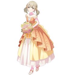 Rule 34 | 1girl, aozora ni negau your happiness! (project sekai), azusawa kohane, blonde hair, bouquet, brown hair, closed mouth, colorful palette, commentary, dress, flower, full body, hair ornament, highres, holding, holding bouquet, jewelry, looking at viewer, necklace, off shoulder, official art, orange ribbon, pink flower, project sekai, ribbon, short twintails, sidelocks, simple background, solo, standing, symbol-only commentary, twintails, white background, yellow flower, yellow ribbon
