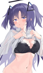 Rule 34 | 1girl, :o, black bra, blue archive, blue eyes, blush, bra, breasts, cleavage, clothes lift, collared shirt, commentary request, grey shirt, hair between eyes, hair ornament, half-closed eyes, halo, hands up, heavy breathing, highres, lifted by self, long hair, long sleeves, looking at viewer, medium breasts, navel, parted lips, purple hair, raised eyebrows, shirt, shirt lift, simple background, solo, standing, steaming body, stomach, sweat, tsumayouji (tumayog), two side up, underwear, upper body, very long hair, white background, yuuka (blue archive)