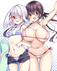 Rule 34 | 2girls, :d, arm up, armpits, bikini, black shorts, blue bikini, breasts, comic cune, commentary request, eyes visible through hair, flower, gluteal fold, gradient background, hair between eyes, hair flower, hair ornament, hair over one eye, highres, kurou (quadruple zero), large breasts, looking at viewer, micro bikini, mole, mole on breast, multiple girls, navel, ninose shizuku, open fly, open mouth, pink bikini, polka dot, polka dot background, red eyes, shirakawa kokona, shorts, small breasts, smile, stomach, striped bikini, striped clothes, sweat, swimsuit, watashi no tame ni nuginasai!, white background, x hair ornament