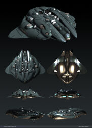Rule 34 | 3d, absurdres, artist name, commentary, concept art, dark background, dlamont, eve online, frigate (eve online), gallente federation (eve online), glint, glowing, gradient background, grey background, highres, military vehicle, multiple views, no humans, original, realistic, science fiction, thrusters, vehicle focus