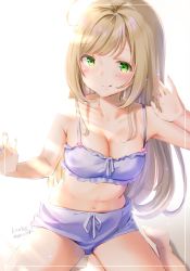 Rule 34 | 1girl, ahoge, arms up, artist name, bad id, bad twitter id, blue bra, blue shorts, blush, bra, breasts, closed mouth, green eyes, heart, highres, idolmaster, idolmaster cinderella girls, kinako (shiratama mochi), licking lips, light brown hair, long hair, medium breasts, sato shin, short shorts, shorts, simple background, sitting, solo, tongue, tongue out, twitter username, underwear, white background