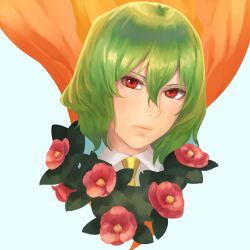 Rule 34 | 1girl, amino (tn7135), bad id, bad pixiv id, blue background, flower, green hair, kazami yuuka, looking at viewer, portrait, red eyes, short hair, simple background, solo, touhou