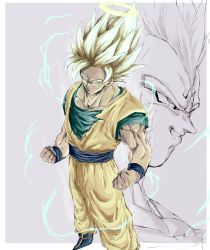 Rule 34 | 1boy, blonde hair, boots, clenched hands, commentary request, dougi, dragon ball, dragonball z, energy, fantasy, halo, highres, long hair, majin vegeta, male focus, muscular, projected inset, ramin0406, saiyan, simple background, smile, solo, son goku, spiked hair, standing, super saiyan, super saiyan 2, vegeta, white background