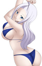 Rule 34 | 1girl, arms up, ass, bikini, blue eyes, breasts, butt crack, dmayaichi, fairy tail, highres, large breasts, long hair, mirajane strauss, seductive smile, simple background, smile, solo, swimsuit, white hair