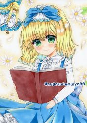 Rule 34 | 1girl, aged down, alice margatroid, alice margatroid (pc-98), apron, blonde hair, blue bow, blue dress, blue skirt, book, bow, brown footwear, buttons, closed eyes, closed mouth, collared shirt, commentary request, doll, dress, floral background, flower, frilled apron, frilled shirt collar, frills, green eyes, hair bow, happy, holding, holding book, long hair, long sleeves, marker (medium), medium hair, mini person, minigirl, shanghai doll, shirt, skirt, skirt hold, smile, suspender skirt, suspenders, touhou, touhou (pc-98), traditional media, very long hair, white apron, white flower, white shirt, zenra1112