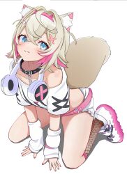 Rule 34 | 1girl, :3, absurdres, animal ear fluff, animal ears, arms between legs, bandaid, bandaid hair ornament, belt, belt collar, black collar, blonde hair, blue eyes, blush, collar, collarbone, colored inner animal ears, colored shoe soles, detached sleeves, dog ears, dog girl, dog tail, frilled shorts, frills, full body, hair ornament, hairband, headphones, headphones around neck, highres, hololive, hololive english, horn hairband, kneeling, looking at viewer, mococo abyssgard, mococo abyssgard (1st costume), multicolored hair, off-shoulder shirt, off shoulder, pink belt, pink brooch, pink hair, pink hairband, pink nails, shirt, shoes, shorts, simple background, sleeves past wrists, sneakers, solo, spiked collar, spikes, streaked hair, tail, thighs, two-tone hair, virtual youtuber, wanwan (ilol9), white background, white footwear, white shirt, white shorts, white sleeves, x hair ornament