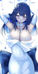 Rule 34 | 1girl, absurdres, armpits, arms behind head, arms up, bare shoulders, black hair, blue archive, blue eyes, breasts, cleavage, dress, elbow gloves, gloves, halo, highres, large breasts, long hair, looking at viewer, mouth hold, nuts (hazel-nuts), official alternate costume, saori (blue archive), saori (dress) (blue archive), solo, white dress