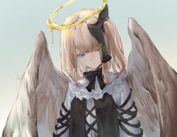 Rule 34 | 1girl, angel, angel wings, black bow, black bowtie, black dress, blue background, blue eyes, bow, bowtie, collared dress, commentary, dress, expressionless, feathered wings, gradient background, grey hair, grey wings, hair bow, halo, highres, io (io oekaki), looking at viewer, medium hair, melting halo, one eye closed, one side up, original, solo, two-tone dress, upper body, white dress, wings, yellow halo