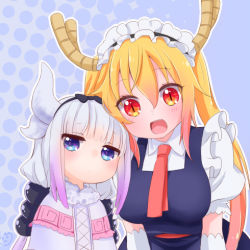 Rule 34 | 10s, 2girls, :d, beads, blue eyes, blush, cacao (99chocolove99), capelet, dragon girl, gloves, gradient hair, hair beads, hair ornament, hairband, horns, kanna kamui, kobayashi-san chi no maidragon, light purple hair, long hair, looking at viewer, low twintails, lowres, maid, maid headdress, multicolored hair, multiple girls, open mouth, pink hair, red eyes, silver hair, slit pupils, smile, tohru (maidragon), twintails, upper body, white gloves